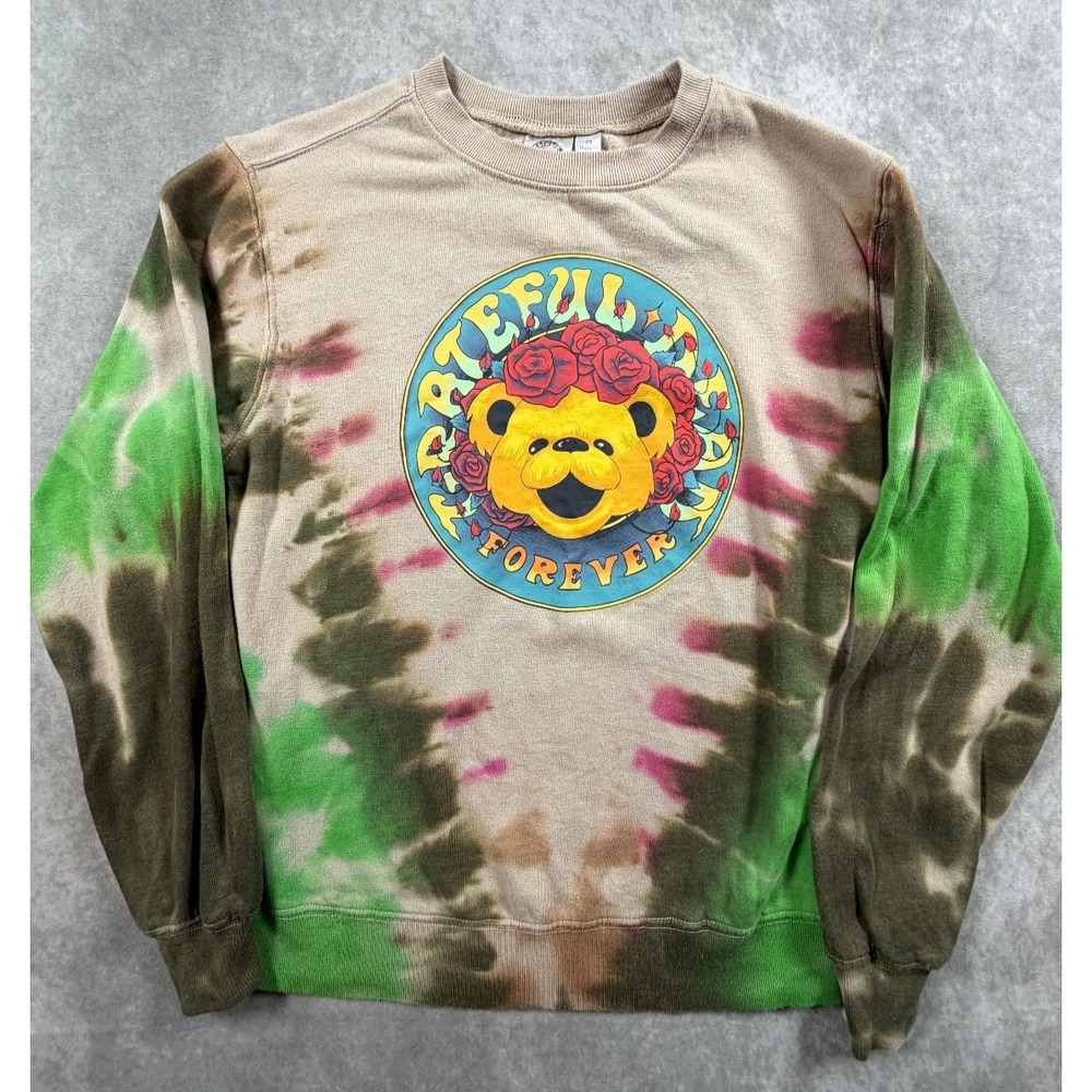 Grateful Dead Womens XS Sweatshirt Green Tie Dye Bear Roses Forever Crewneck